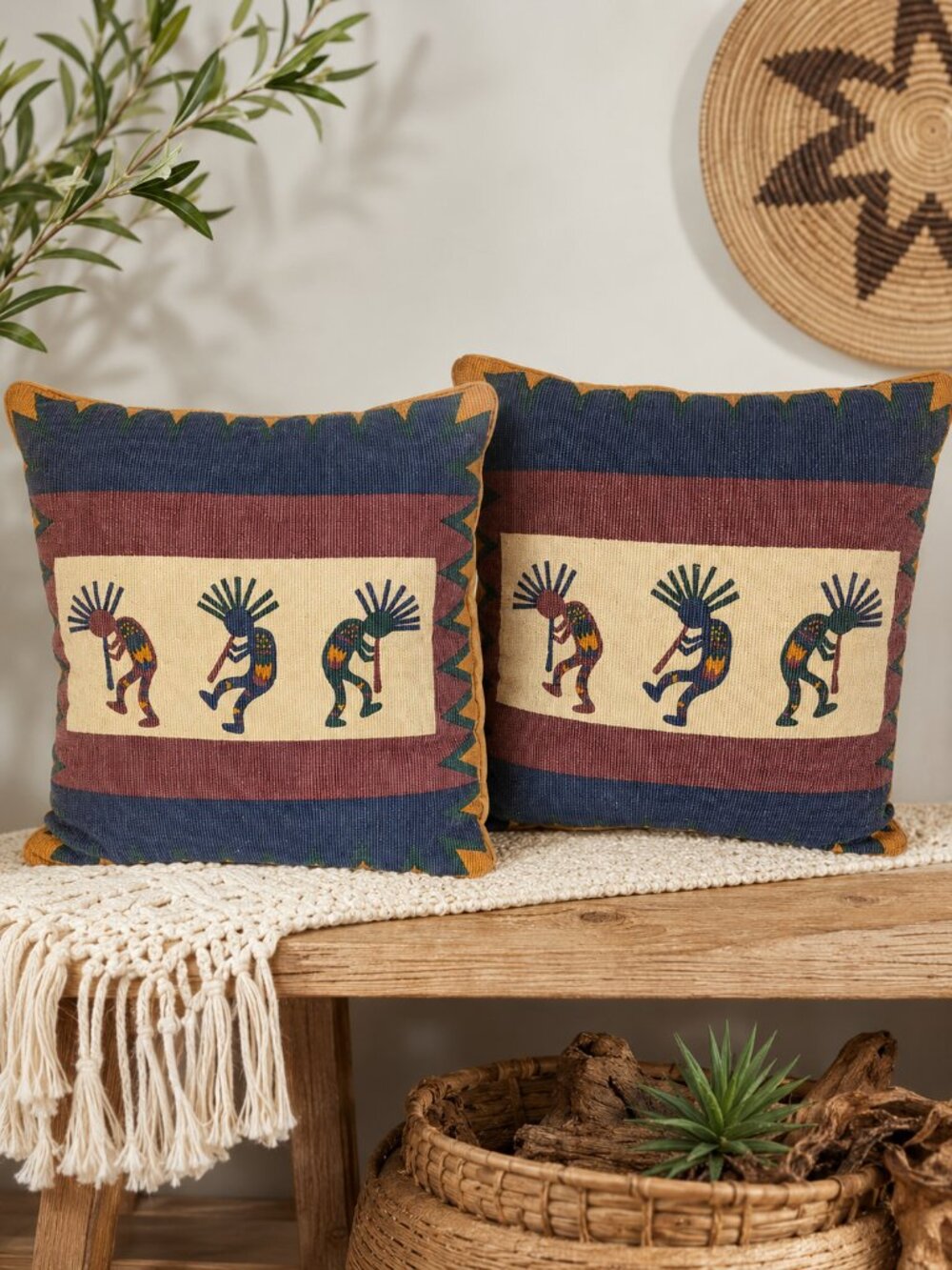 Southwest Kokopelli Tapestry Throw Pillows Set of 2 Western Cabin Rustic Native